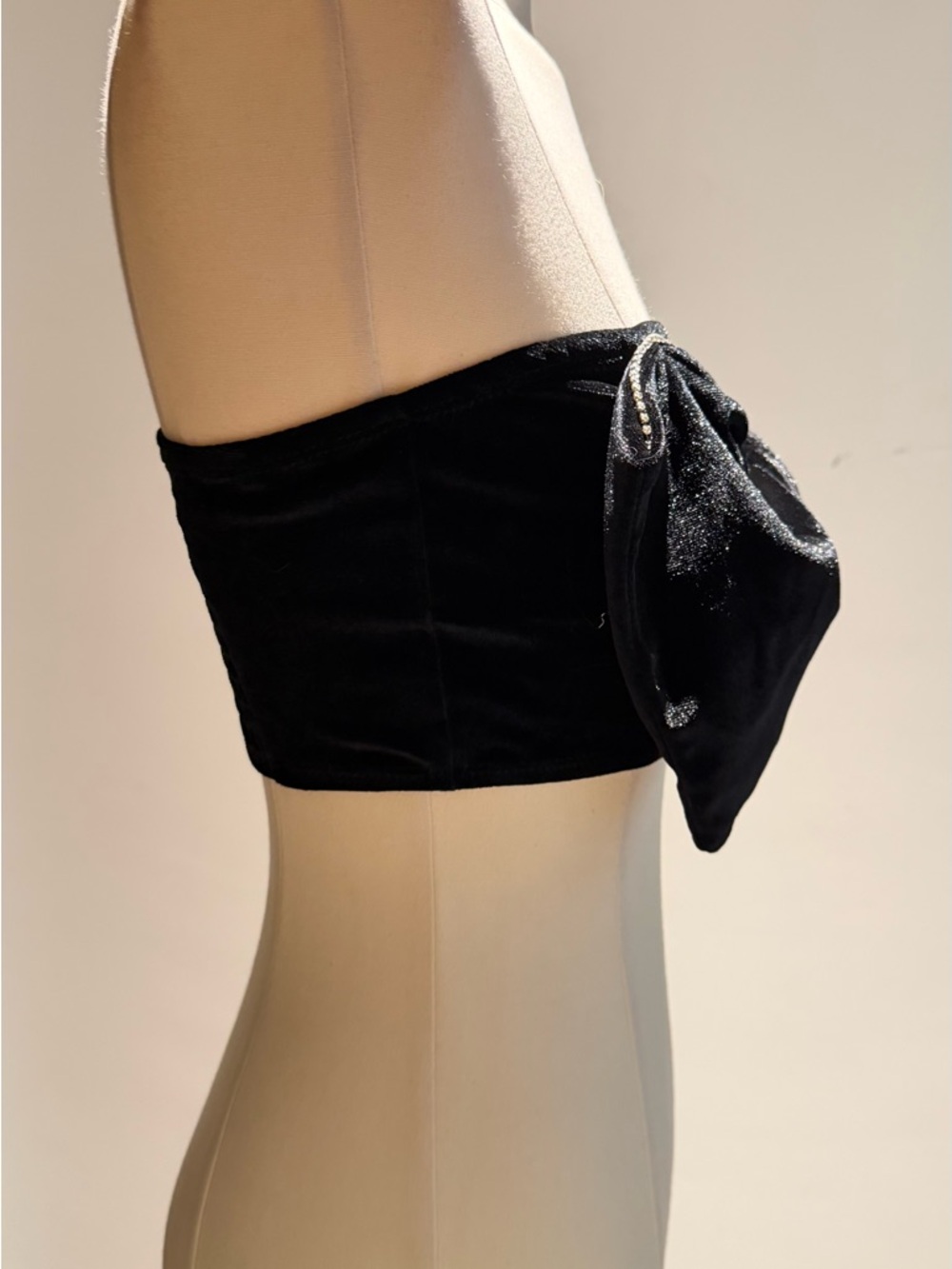 Black Bow-Front Velvet Crop Top with Rhinestone Straps - Picture 4 of 8